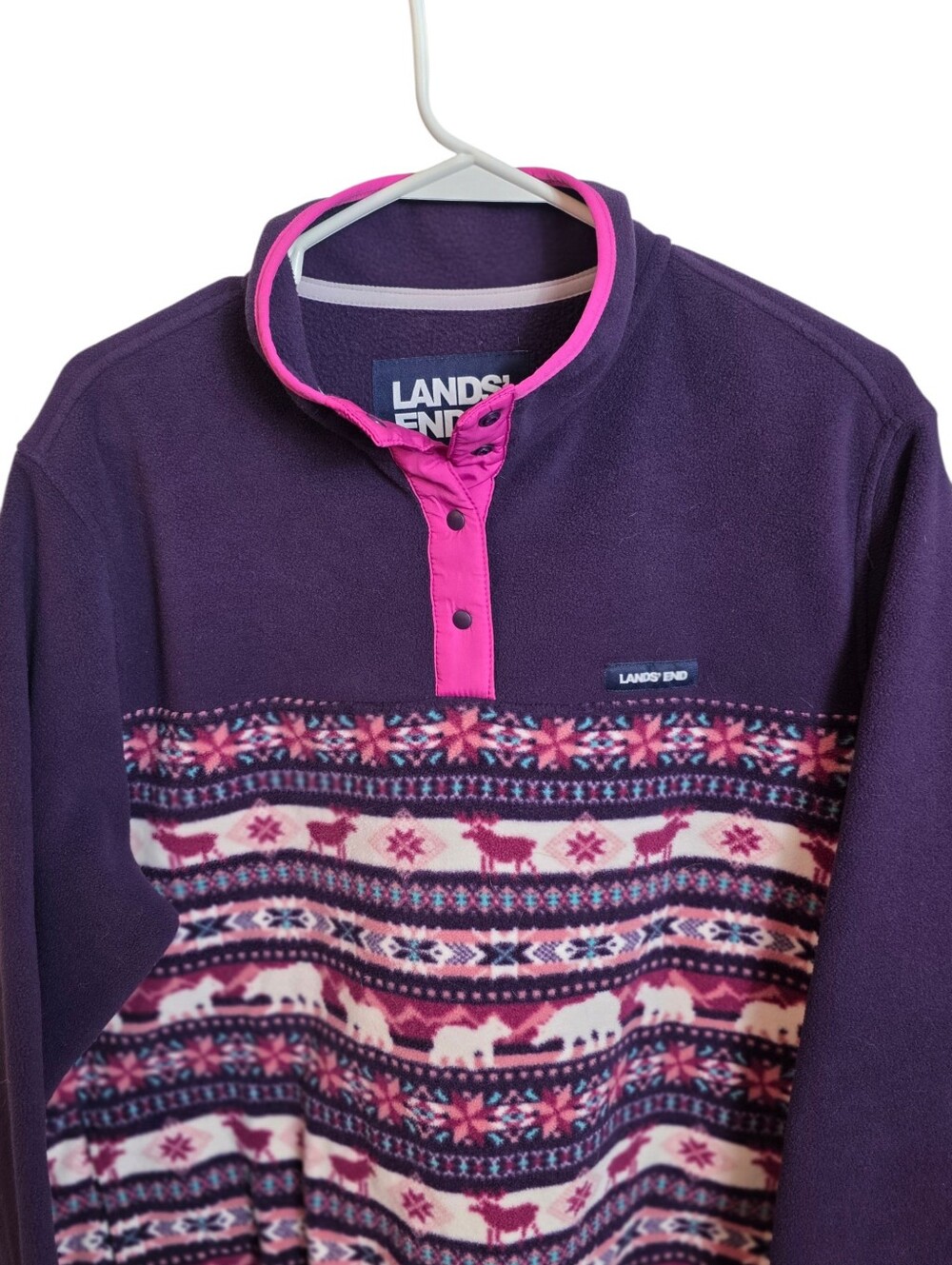 Lands’ End Women’s XL Purple Fleece Fair Isle Reindeer Snap Pullover - Picture 4 of 14